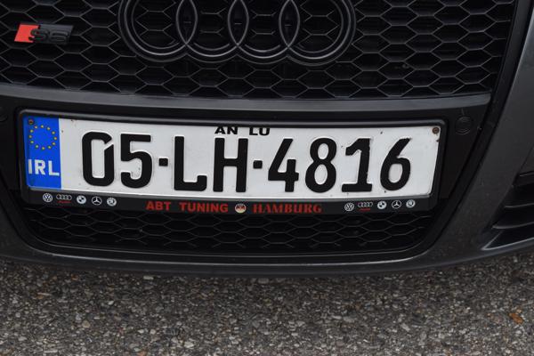 Louth, Ireland spotted in Dolný Hričov, Slovakia. Photo taken on 28.06.2025. Remade in german font. Close-up photo of the front plate.