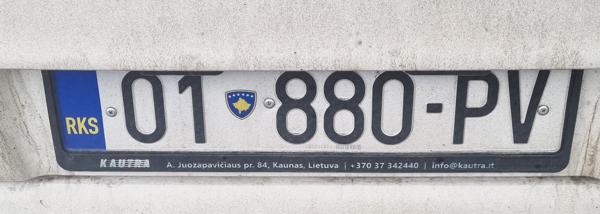 Kosovo spotted in Prague, Czech Republic. 01 = Pristina. Photo taken on 15.11.2025. Close-up photo of the rear plate.