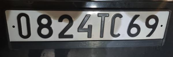 Russia remade plate spotted in Bratislava, Slovakia. 69 = Tver Oblast. Photo taken on 20.11.2025. Close-up photo of the rear plate.
