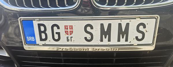 Belgrade, Serbia vanity plate spotted in Bratislava, Slovakia. Photo taken on 20.04.2026. Close-up photo of the front plate.